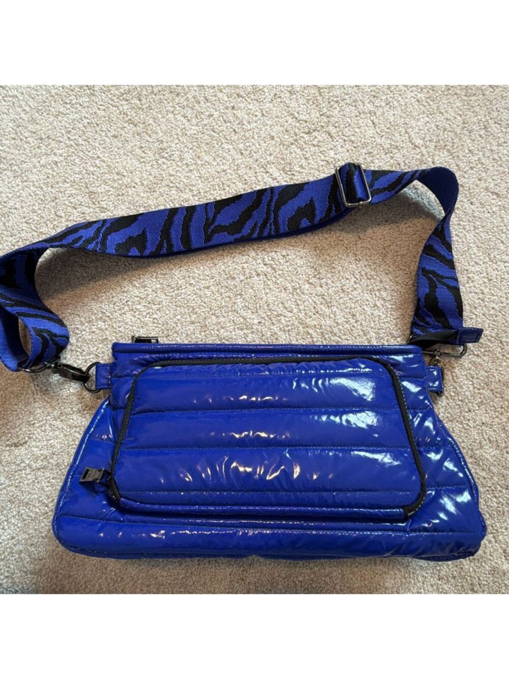 Think Royln Royal Blue Patent Quilted Puffer Crossbody Bag Zebra Print Strap